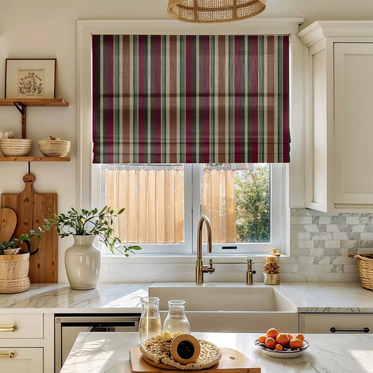 リネン混プリントのプレーンフォールドローマンシェード