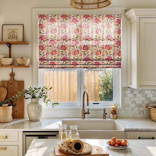 100%リネンプリントのプレーンフォールドローマンシェード