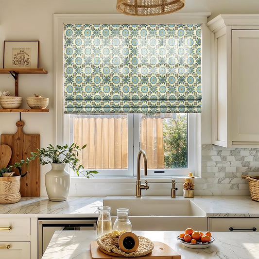 リネン混プリントのプレーンフォールドローマンシェード