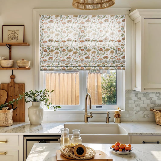 リネン混プリントのシアープレーンフォールドローマンシェード