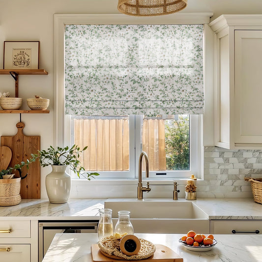 リネン混プリントのシアープレーンフォールドローマンシェード